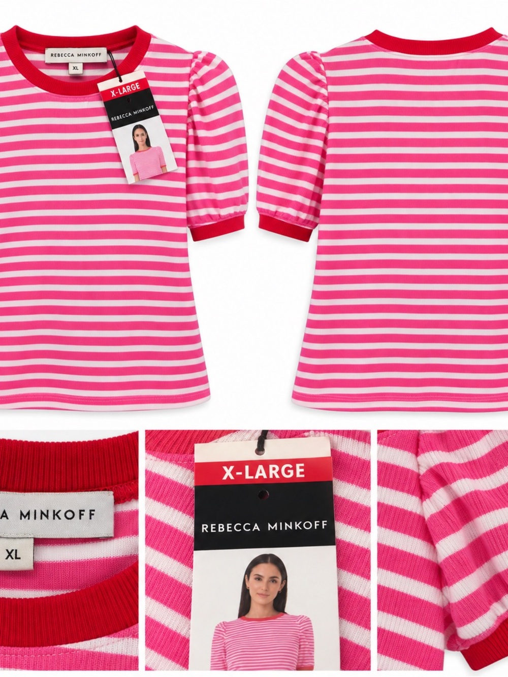 Rebecca Minkoff Pink & White Striped Puff-Sleeve Tee with Red Trim